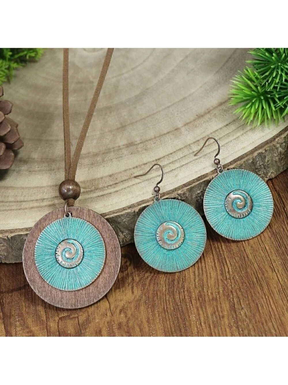 Wood Round Bronze Double Layer Pendant & Earrings